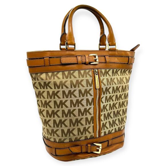 Michael Kors Kingsbury Signature Round Bucket Bag Beige Brown Retired Large - Picture 10 of 15